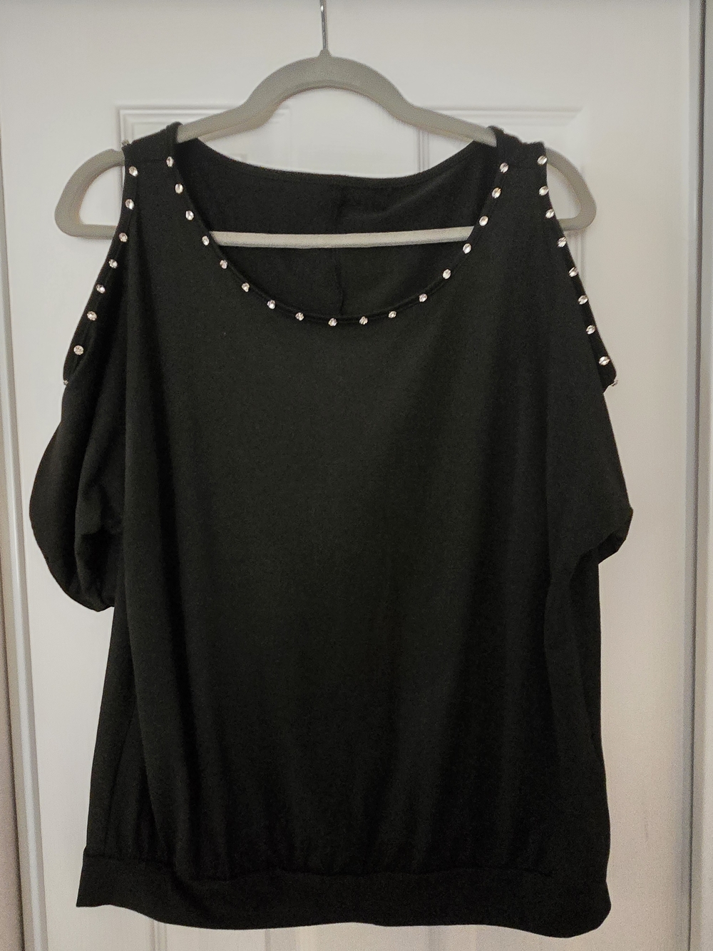 Stud-Trim Black Cold-Shoulder Women's Top
